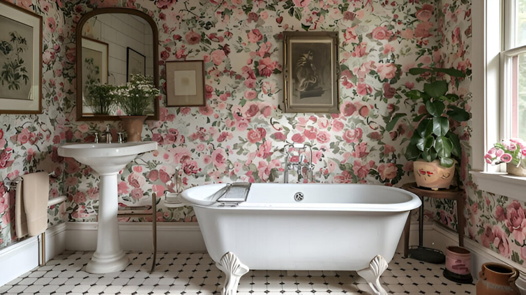 bathroom with Floral and Geometric Patterns